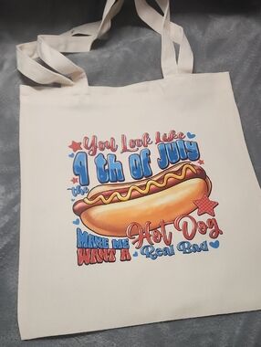 Canvas Tote Bag with 4th of July Hot Dog Graphic - Cream 13x15